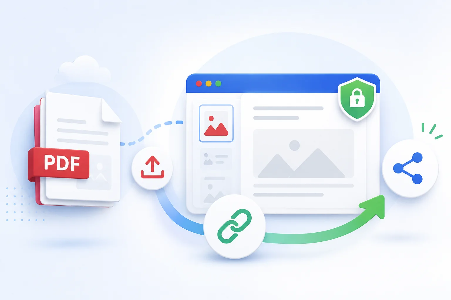 A local PDF becoming a stable browser link for sharing, QR codes, and document pages